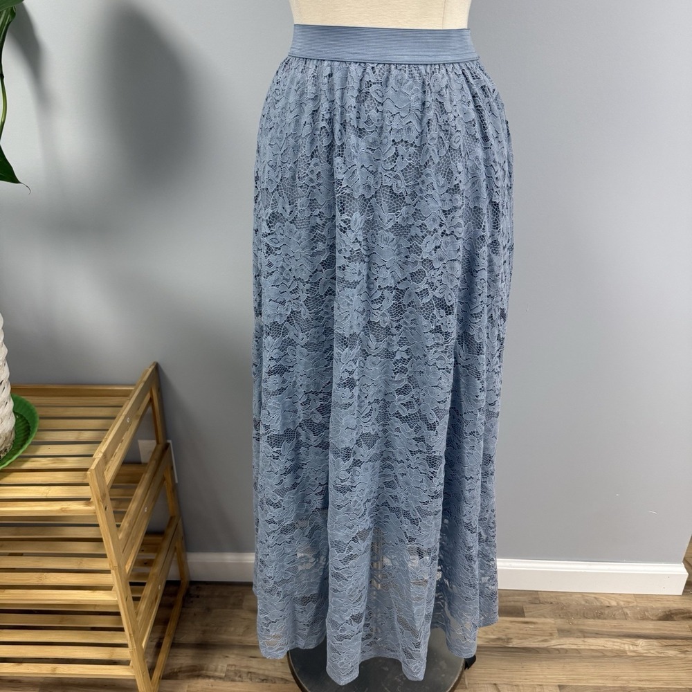 NWOT Laffaire Floral Lace Maxi Skirt S Dusty Blue Flowy Floor Length Water Fairy
